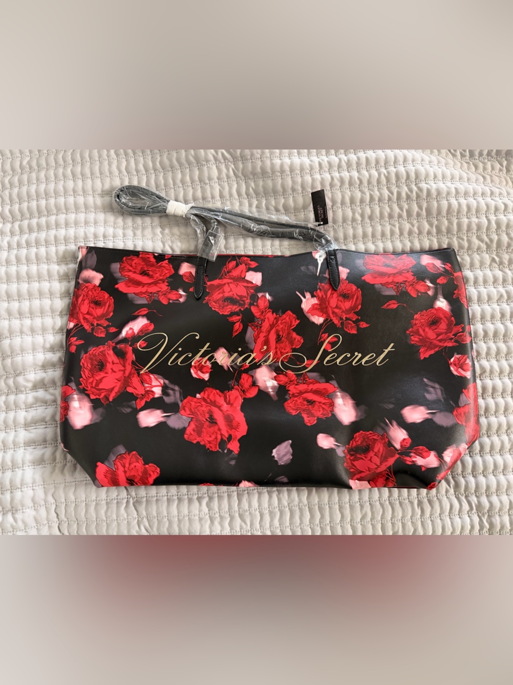 Victoria's Secret Black Tote with Red Rose Floral Print and Gold Script